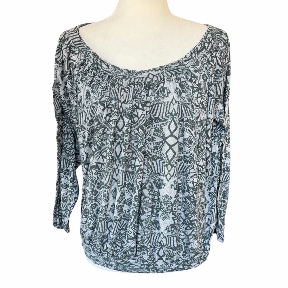 Free People Gray Geometric Patterned Scoop Neck 3/4 Sleeve Blouse Size Medium